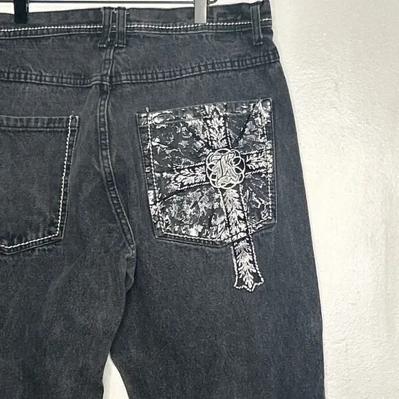 Karl Kani Gold Baggy Jeans Mens 36x32 Black Denim Hip Hop Y2K Jnco Southpole - Picture 2 of 7